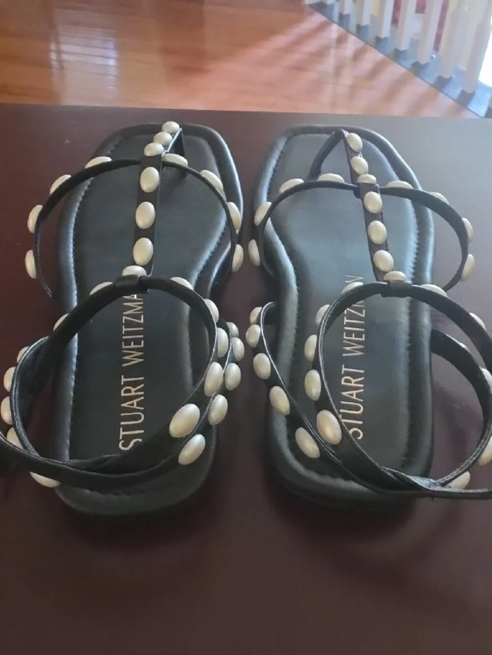 Stuart Weitzman Black Sandals with Ivory Stud Accents